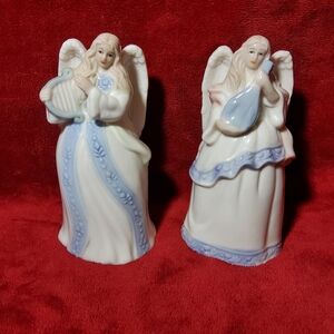 Pair of Vintage Porcelain Angel Bells Playing Harp & Violin Blue & White 5.5"